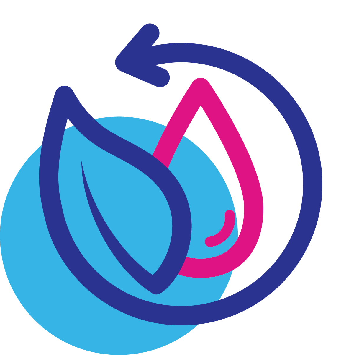 A purple leaf with a stem that turns into an arrow encircling a magenta water droplet, over a blue circle