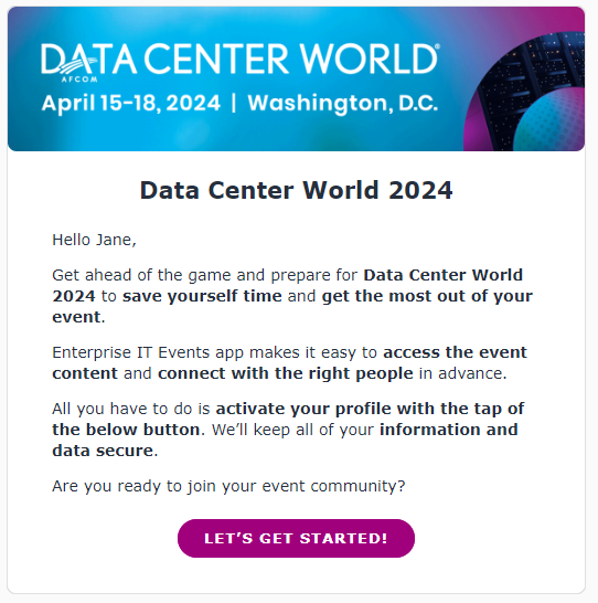 Data Center World invite email 